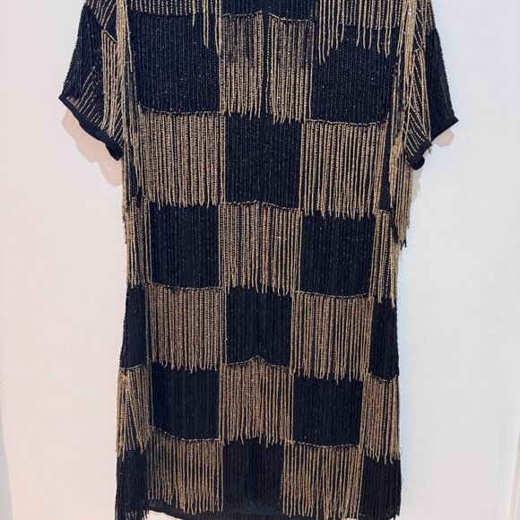 ASOS Design Black & Gold Beaded Fringe Check Minidress Size 12 - Picture 6 of 6